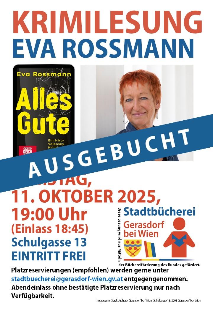 Plakat für die Lesung am 11.10.2025 mit Eva Rossmann - es wurde ein Balken mit "ausgebucht" drüber gelegt