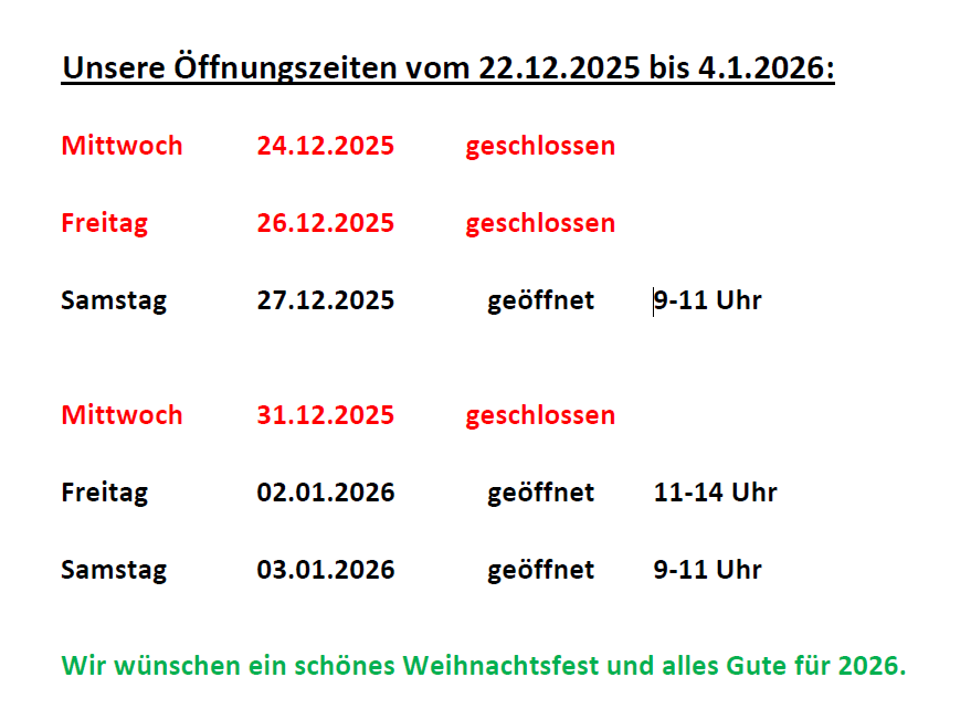 Öffnungszeiten um die Weihnachtszeit