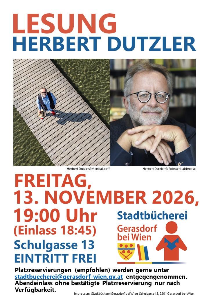 Plakat - Ankündigung der Lesung mit Herbert Dutzler am 13.11.26